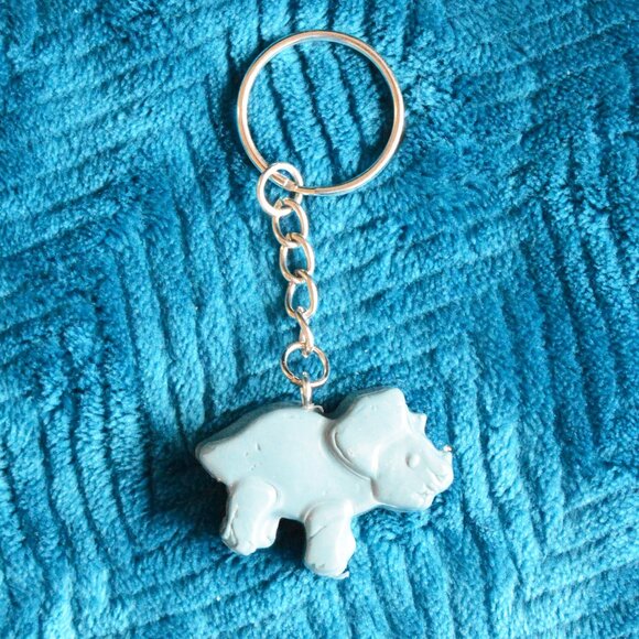 Handmade Blue Triceratops Dinosaur Keychain Recycled Accessory - Picture 1 of 4